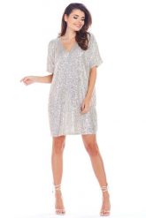 Beżowa Cekinowa Sukienka o Luźnym Kroju. Brązowe sukienki damskie Awama, bez wzorów, z elastanu, wizytowe, bez ramiączek. Za 349.90 zł.