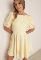 Żółta Koktajlowa Sukienka z Bufkami Odkrytymi Plecami i Wiązaniem z Tyłu Lilpea. Żółte sukienki damskie Born2be, bez wzorów, eleganckie, bez ramiączek. Za 249.99 zł.