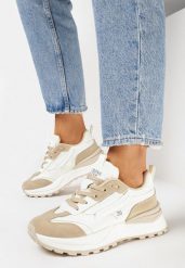 Beżowe Sznurowane Sneakersy z Ozdobnymi Wstawkami i Numerkiem Nelocca. Brązowe obuwie sportowe casual damskie Born2be, bez zapięcia. Za 99.99 zł.