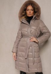 Beżowa Długa Kurtka Pikowana z Odpinanym Kapturem Ozdobionym Futerkiem i Paskiem Iveleti. Brązowe kurtki damskie Renee, l, bez wzorów, z jeansu. Za 169.99 zł.