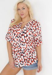 Pomarańczowo-Biała Bluzka z Trójkątnym Dekoltem w Fantazyjny Print Anola. Brązowe bluzki damskie Born2be, xl, bez wzorów, biznesowe, bez kołnierzyka, bez ramiączek. Za 69.99 zł.