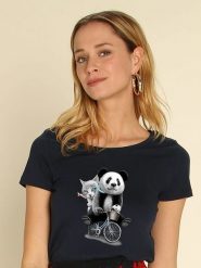 WOOOP Koszulka "Panda Bicycle" w kolorze granatowym rozmiar: M. Niebieskie koszulki damskie Wooop, m, bez wzorów, bez kołnierzyka, bez ramiączek. Za 61.60 zł.