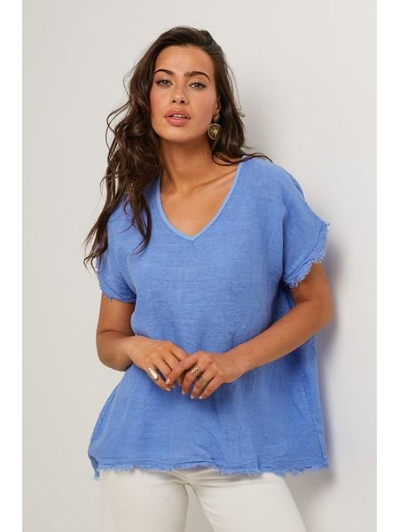 Le Monde du Lin Lniana bluzka w kolorze niebieskim rozmiar: 34/36. Niebieskie bluzki damskie Le Monde du Lin, bez wzorów, ze lnu, klasyczne, bez kołnierzyka, bez ramiączek. Za 165.95 zł.