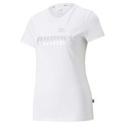 Damska koszulka z metalicznym logo Essentials+ PUMA White Silver Metallic. Białe bluzki damskie Puma, m, bez wzorów, bez kołnierzyka, bez ramiączek. Za 84.08 zł.