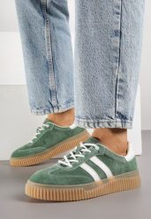 Zielone Skórzane Sneakersy Klasyczne Tenisówki z Zamszu Naturalnego Teniresela. Zielone obuwie sportowe damskie Born2be, bez wzorów, z materiału, bez zapięcia. Za 209.99 zł.