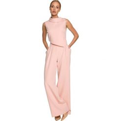 Elegancki Kombinezon z Wywijanym Kołnierzem - Pudrowy. Brązowe kombinezony damskie MOE, l, bez wzorów, z elastanu, eleganckie, bez kołnierzyka, bez ramiączek. Za 298.90 zł.