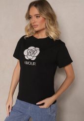 Czarna Bawełniana Bluzka Ozdobiona Napisem i Haftem Nalanith. Czarne bluzki damskie Renee, l, bez wzorów, z bawełny, eleganckie, bez kołnierzyka, bez ramiączek. Za 39.99 zł.