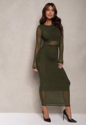Ciemnozielona Siateczkowa Sukienka Maxi o Dopasowanym Kroju Kremse. Zielone sukienki damskie Renee, bez wzorów, z materiału, eleganckie, bez ramiączek. W wyprzedaży za 132.99 zł.
