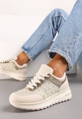 Beżowe Sznurowane Sneakersy z Ekoskóry z Cyrkoniami na Grubej Podeszwie Arpite. Brązowe obuwie sportowe damskie Renee, z jeansu, bez zapięcia. Za 99.99 zł.