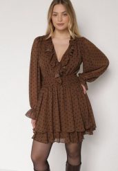 Brązowa Siateczkowa Sukienka w Groszki o Rozkloszowanym Kroju z Falbankami Nemela. Brązowe sukienki damskie Born2be, bez wzorów, z poliesteru, wizytowe, bez ramiączek. Za 159.99 zł.