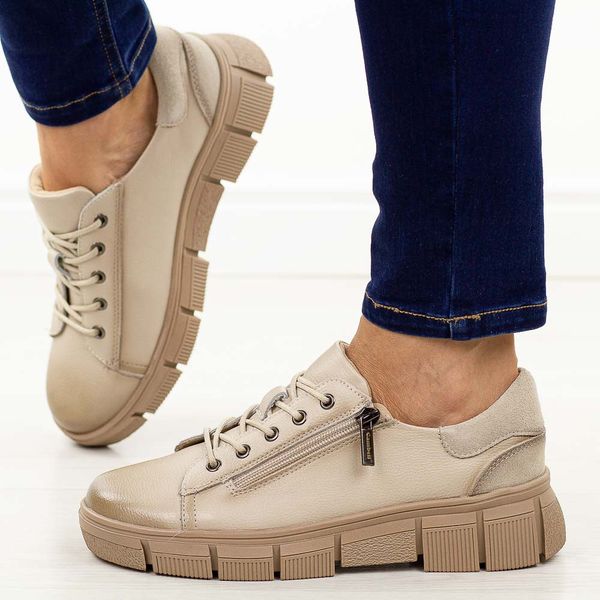 Beżowe skórzane półbuty damskie Cambell 19305. Brązowe półbuty damskie Cambell, na jesień, bez wzorów, z jeansu, z okrągłym noskiem, bez obcasa, bez zapięcia. Za 239.00 zł.