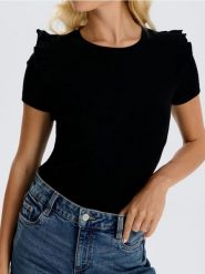 Koszulka z falbanami na rękawach - czarny. Czarne koszulki damskie Sinsay, l, bez wzorów, z materiału, bez kołnierzyka, bez ramiączek. Za 17.99 zł.