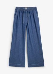 Dżinsy Wide Leg, mid waist, wygodny pasek. Niebieskie jeansy damskie bonprix. Za 117.99 zł.