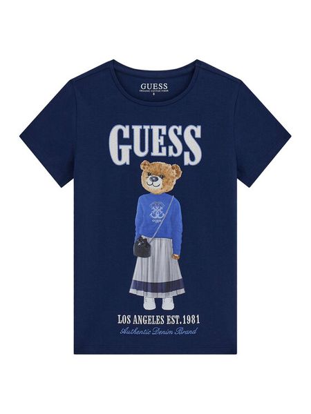 Guess T-Shirt J6RI10 K6YW4 Granatowy Regular Fit. Niebieskie koszulki i t-shirty dziewczęce Guess, z aplikacjami, z bawełny, bez kołnierzyka, bez ramiączek. Za 119.99 zł.