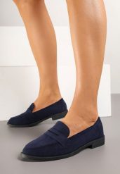 Granatowe Mokasyny o Klasycznym Fasonie z Ozdobnym Wycięciem Karisen. Niebieskie mokasyny damskie Renee, z jeansu, bez obcasa. Za 49.99 zł.