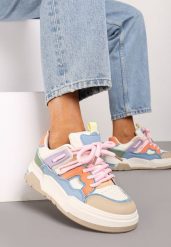 Beżowo-Różowe Sznurowane Sneakersy na Płaskiej Podeszwie Eviline. Brązowe obuwie sportowe damskie Renee, z materiału, bez zapięcia. Za 99.99 zł.