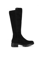 Rieker Kozaki 76890-00 Czarny. Czarne kozaki damskie Rieker, z materiału, bez obcasa, na słupku, bez zapięcia. Za 311.00 zł.