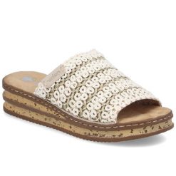 Klapki damskie na koturnie beżowe Rieker 629X8-60. Brązowe klapki damskie Rieker, bez wzorów, z tkaniny, bez obcasa, na koturnie, bez zapięcia. Za 319.00 zł.