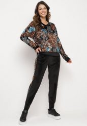 Czarno-Beżowy Welurowy Komplet Dresowy w Panterkę Bluza i Spodnie z Lampasami oraz Gumką w Pasie Ivalethe. Czarne bluzy damskie Born2be, bez wzorów, z dresówki, bez kaptura. Za 109.99 zł.