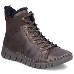 Botki damskie komfortowe czekoladowy brąz Rieker 57512-25. Brązowe botki damskie Rieker, ze skóry ekologicznej, bez obcasa, bez zapięcia. Za 389.00 zł.