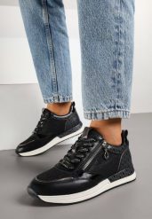 Czarne Sneakersy z Ozdobnym Suwakiem i Skórzaną Wkładką Hanviera. Czarne obuwie sportowe damskie Born2be, z jeansu, bez zapięcia. Za 139.99 zł.