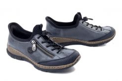 Rieker N3267-14 blue, półbuty damskie. Niebieskie półbuty damskie Rieker, bez wzorów, ze skóry ekologicznej, bez obcasa, bez zapięcia. Za 379.90 zł.