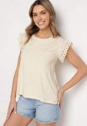 Beżowa Bluzka z Bawełny z Ażurowymi Falbankami Zamiast Rękawów Vodelia. Brązowe bluzki damskie Born2be, l, w ażurowe wzory, z bawełny, bez kołnierzyka, bez ramiączek. Za 34.99 zł.