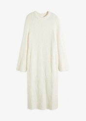 Sukienka dzianinowa z przędzy boucle. Białe sukienki damskie bonprix, bez wzorów, z dzianiny, eleganckie, bez ramiączek. Za 149.99 zł.
