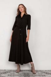 Długa Sukienka Odcinana w Pasie - Czarna. Czarne sukienki damskie Lanti, bez wzorów, z materiału, wizytowe, bez ramiączek. Za 349.90 zł.