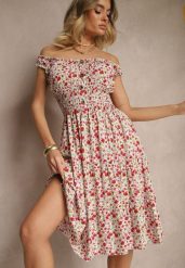 Biało-Różowa Bawełniana Sukienka z Guzikami o Rozkloszowanym Kroju w Kwiatowy Print Roniselle. Białe sukienki damskie Renee, bez wzorów, z bawełny, eleganckie, bez ramiączek. W wyprzedaży za 29.99 zł.