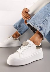 Biało-Złote Wiązane Casualowe Sneakersy na Platformie z Cyrkoniami i Metalową Aplikacją Illita. Białe obuwie sportowe damskie Renee, z materiału, bez zapięcia. Za 89.99 zł.