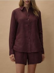 Lniana koszula - ciemnobrązowy. Brązowe koszule damskie Reserved, l, bez wzorów, z tkaniny, bez kołnierzyka, bez ramiączek. Za 199.99 zł.