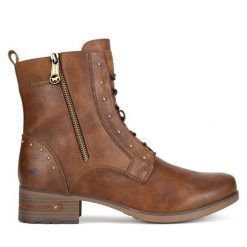 Trzewiki Mustang. Brązowe botki damskie Mustang, bez obcasa, na słupku, bez zapięcia. Za 369.99 zł.