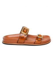 Steve Madden Skórzane klapki w kolorze jasnobrązowym rozmiar: 36. Brązowe klapki damskie Steve Madden, bez wzorów, z otwartym noskiem, bez obcasa, bez zapięcia. Za 201.55 zł.
