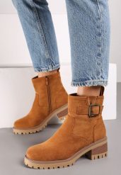 Brązowe Klasyczne Botki z Ozdobnym Paskiem Arstema. Brązowe botki damskie Born2be, na jesień, z jeansu, eleganckie, bez obcasa, na obcasie, bez zapięcia. Za 139.99 zł.