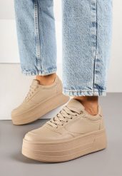 Ciemnobeżowe Sneakersy na Tłoczonej Grubej Podeszwie Vaitessa. Brązowe obuwie sportowe damskie Born2be, z jeansu, bez zapięcia, trekkingowe. Za 74.99 zł.