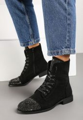 Czarne Płaskie Sznurowane Botki Ozdobione Cyrkoniami Innithra. Czarne botki damskie Born2be, na jesień, z jeansu, eleganckie, bez obcasa, na obcasie, bez zapięcia. Za 99.99 zł.
