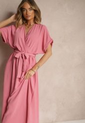 Różowa Rozkloszowana Sukienka z Bawełną i Paskiem Lunapinia. Czerwone sukienki damskie Renee, bez wzorów, z bawełny, bez ramiączek. W wyprzedaży za 67.99 zł.