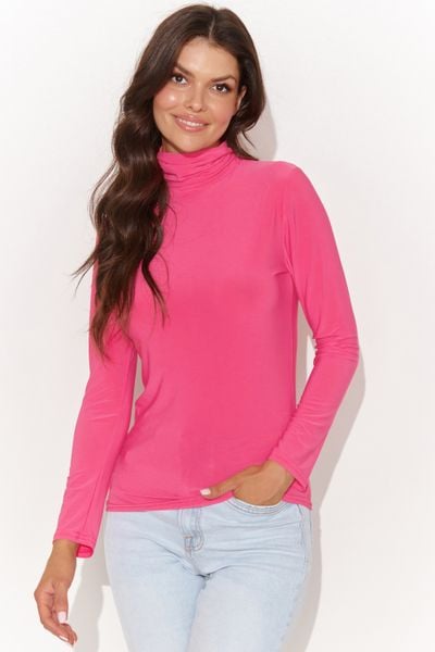 Malinowa Klasyczna Bluzka z Golfem. Różowe bluzki damskie Makadamia, l, bez wzorów, z elastanu, bez ramiączek. Za 129.90 zł.