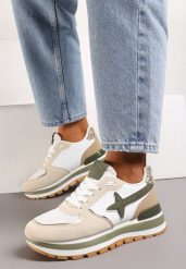 Beżowo-Zielone Sneakersy na Grubej Podeszwie przed Kostkę Sermione. Brązowe obuwie sportowe damskie Born2be, z materiału, przed kostkę, bez zapięcia. Za 99.99 zł.