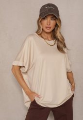 Beżowy T-shirt z Wiskozą o Fasonie Nietoperza Tanalitha. Brązowe t-shirty damskie Renee, bez wzorów, z jeansu, bez kołnierzyka. Za 49.99 zł.