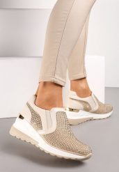 Beżowe Wsuwane Sneakersy w Cyrkonie na Koturnie Tanori. Brązowe obuwie sportowe damskie Renee, bez zapięcia. Za 59.99 zł.