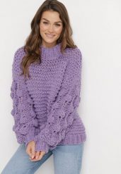 Fioletowy Golf w Ozdobny Splot Asaipal. Fioletowe golfy damskie Born2be, bez wzorów, z dzianiny, bez ramiączek. Za 94.99 zł.