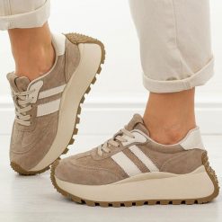 Taupe skórzane sneakersy damskie DiA 5986. Obuwie sportowe damskie DiA, na jesień, z jeansu, bez zapięcia. Za 269.00 zł.
