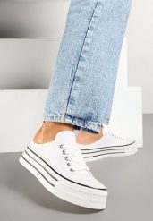 Białe Trampki z Niską Cholewką na Podwójnej Podeszwie Lenisna. Białe trampki damskie Renee, bez wzorów, z jeansu, przed kostkę, bez zapięcia. Za 74.99 zł.