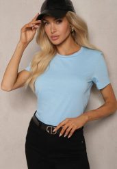 Niebieski T-shirt z Krótkim Rękawem i Okrągłym Dekoltem Tiarella. Niebieskie t-shirty damskie Renee, l, z aplikacjami, z jeansu, bez kołnierzyka. Za 19.99 zł.