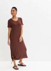 Sukienka shirtowa midi, z kieszeniami po bokach i marszczeniem. Brązowe sukienki damskie bonprix, bez wzorów, bez ramiączek. Za 84.99 zł.