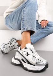 Biało-Srebrne Sneakersy na Grubej Podeszwie Ozdobione Siateczkowymi Wstawkami Korianna. Szare obuwie sportowe damskie Renee, bez zapięcia. Za 99.99 zł.