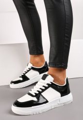 Biało-Czarne Sneakersy na Grubej Podeszwie ze Wstawkami z Brokatu Bizzala. Białe obuwie sportowe damskie Born2be, bez zapięcia, trekkingowe. Za 54.99 zł.
