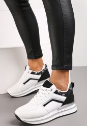Biało-Czarne Sneakersy z Ekoskóry z Brokatowymi Wstawkami i Sznurowaniem Jelise. Białe obuwie sportowe damskie Renee, bez zapięcia. Za 89.99 zł.